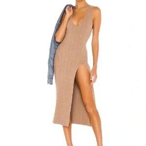 Michael Costello X Revolve Variegated Rib Bodycon Midi Dress M Taupe Tan